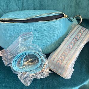 Pom Pom London Blue Leather Crossbody Bag Gold Hardware Adjustable Strap